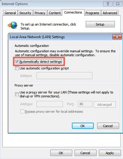 Internet Explorer default proxy settings